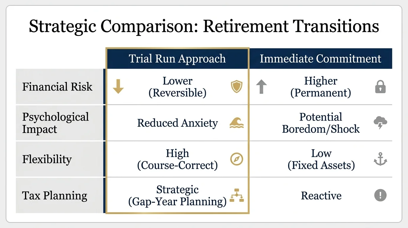 A comparison table showing the benefits of a trial run retirement versus the risks of an immediate commitment.
