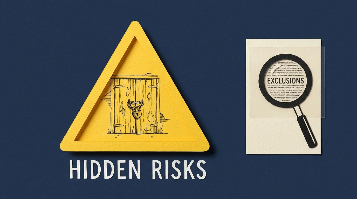 A conceptual collage showing a warning sign over a dusty barn and a magnifying glass over insurance fine print.