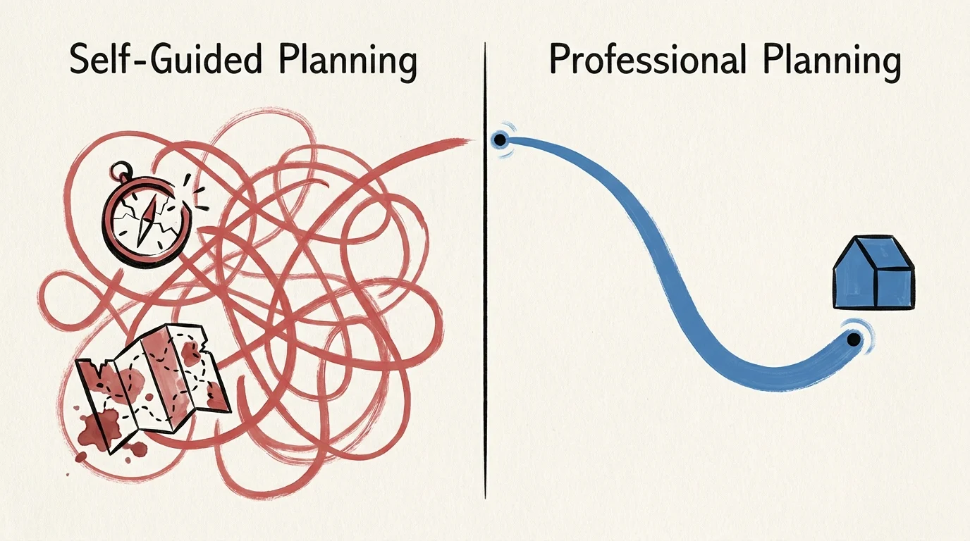 A conceptual illustration comparing the chaotic path of self-planning to the smooth, direct path of professional relocation services.