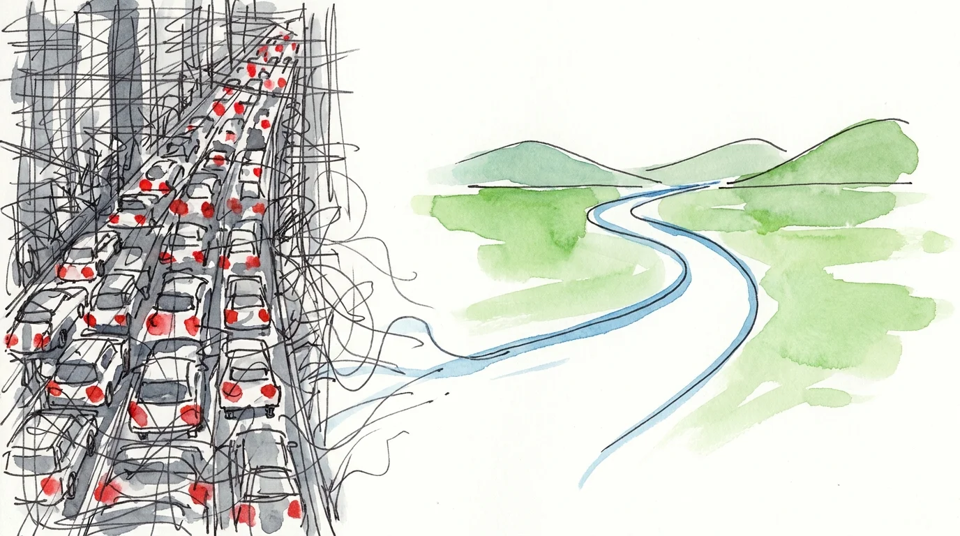 A conceptual illustration contrasting chaotic city traffic with a single, peaceful open road in the countryside.