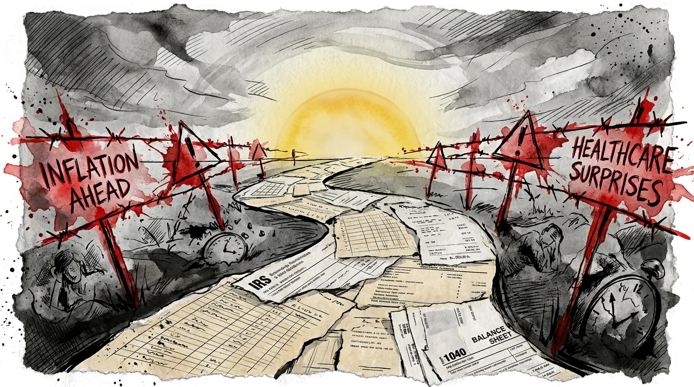 A conceptual illustration of a path made of ledger paper with red warning signs, representing retirement pitfalls.