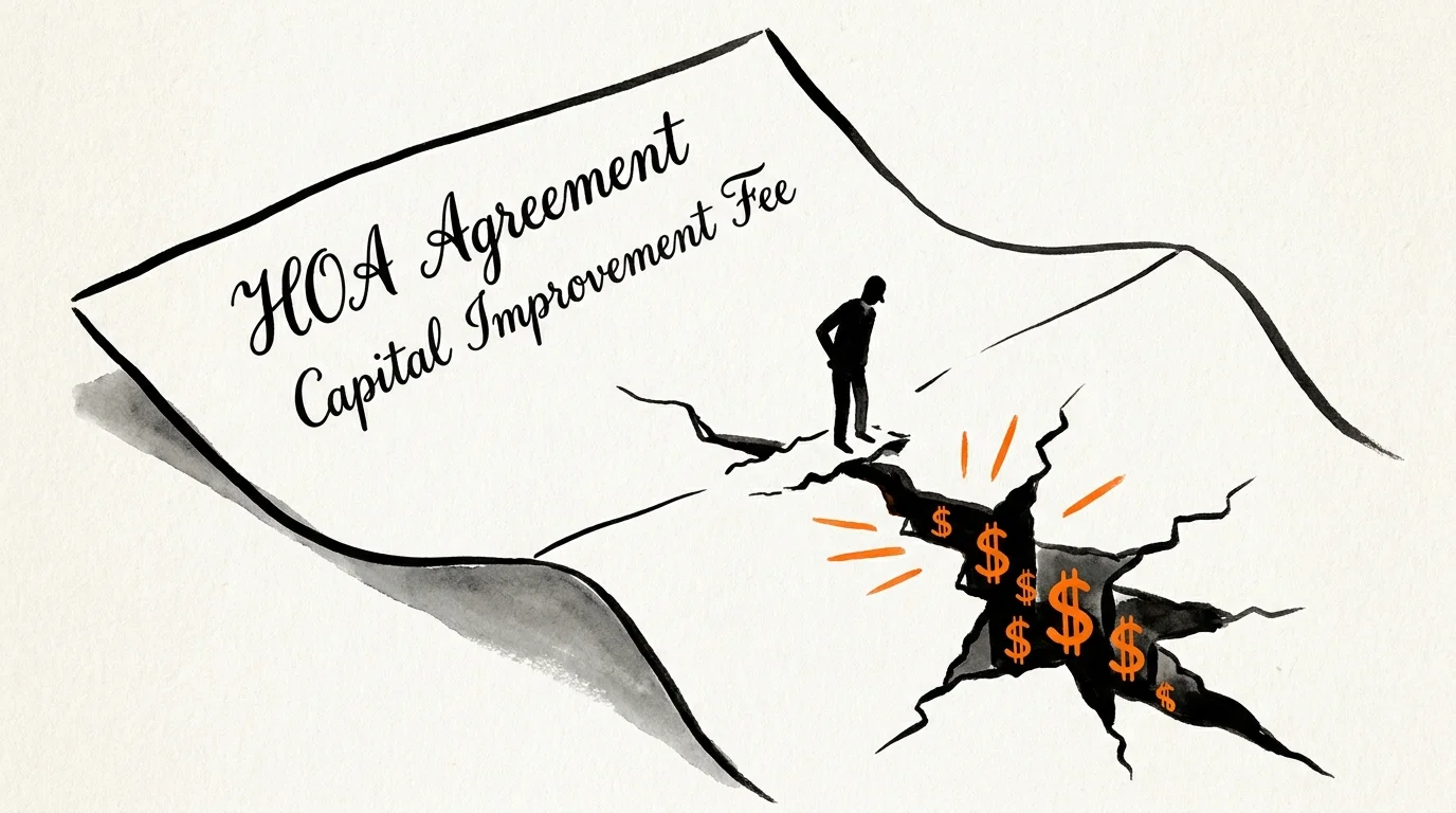 A conceptual illustration of a person looking at a hidden financial pit inside a legal document.