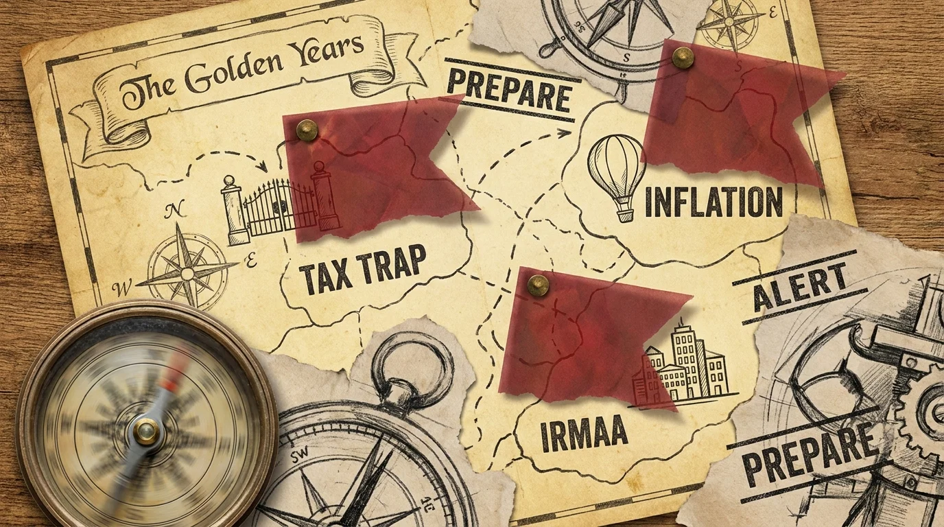 A conceptual map of retirement with red flags marking various financial pitfalls and traps.