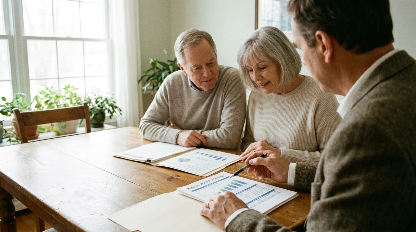 A couple at home reviewing Medicare and financial documents with a professional advisor in a warm, casual setting.