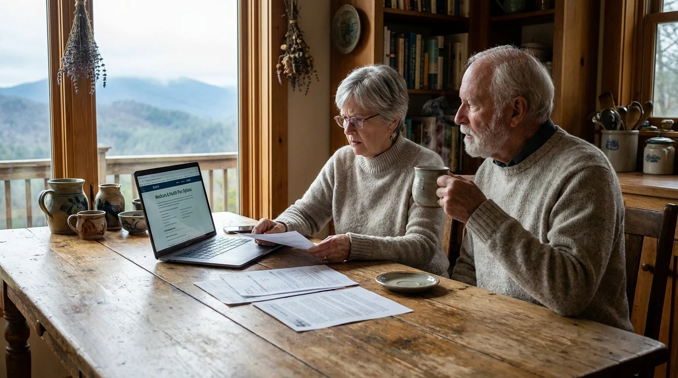 A couple in Asheville looking at medical insurance papers on their kitchen table with mountains visible through the window.