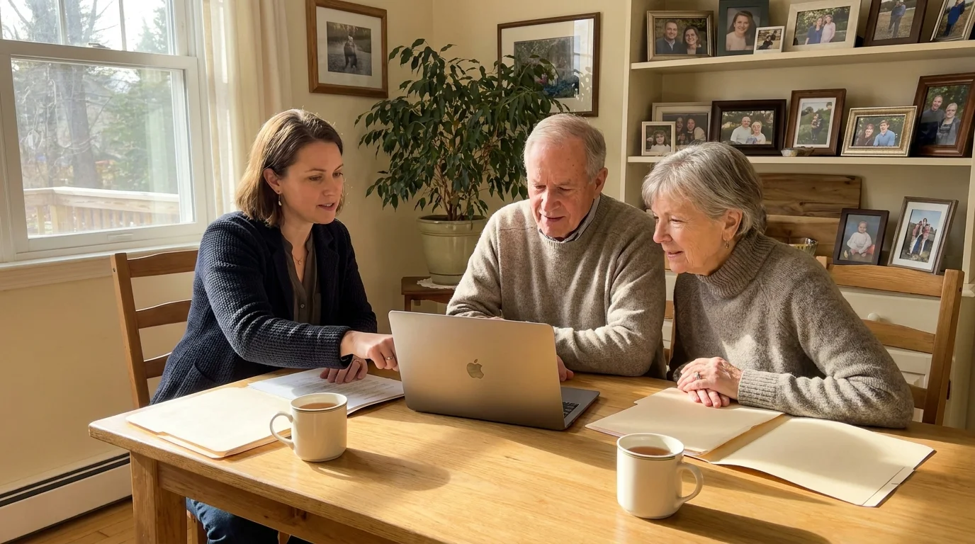 A couple sits at their kitchen table with a professional advisor, looking at a laptop screen together in a cozy home setting.