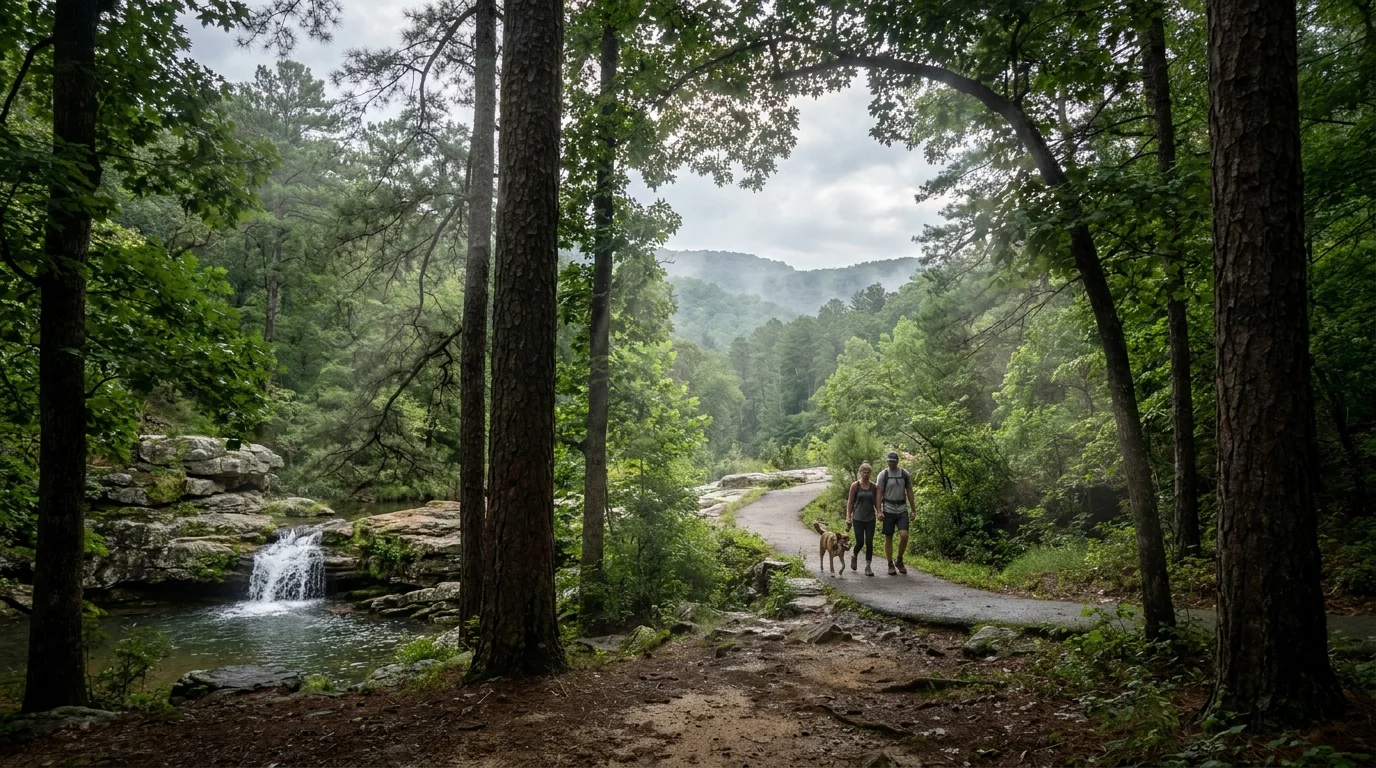 A couple walking a dog on a paved trail through a dense, lush forest in Arkansas.