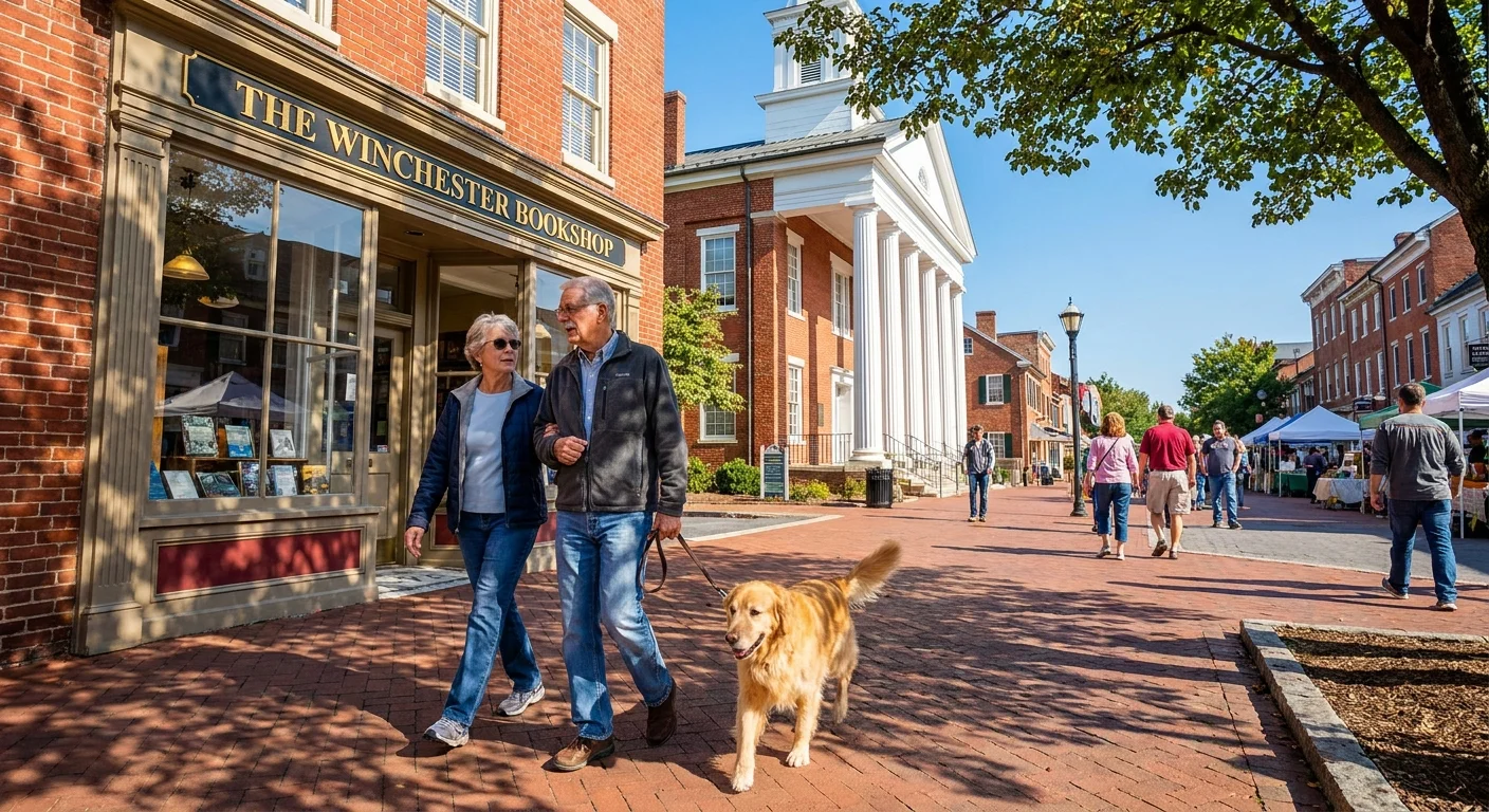 A couple walks a dog through the historic brick pedestrian mall in downtown Winchester, Virginia.