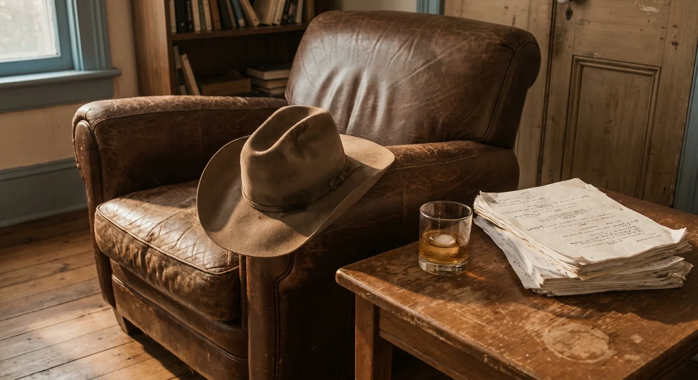 A cowboy hat on a leather armchair next to a script in warm golden light.