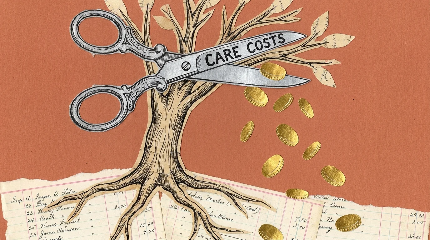 A cut-paper collage of a family tree being pruned by shears, symbolizing how medical and care costs can impact an inheritance.