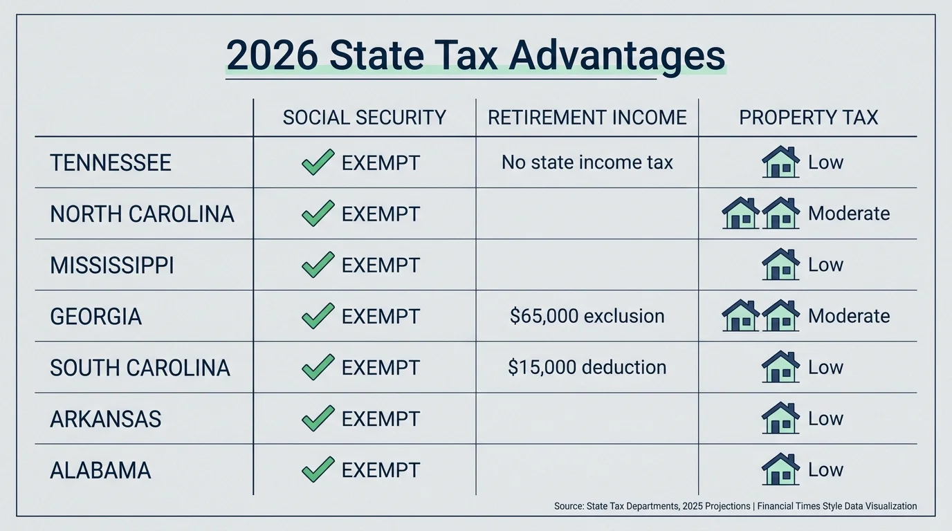 A data infographic comparing retirement tax exemptions and property taxes across seven Southern states.