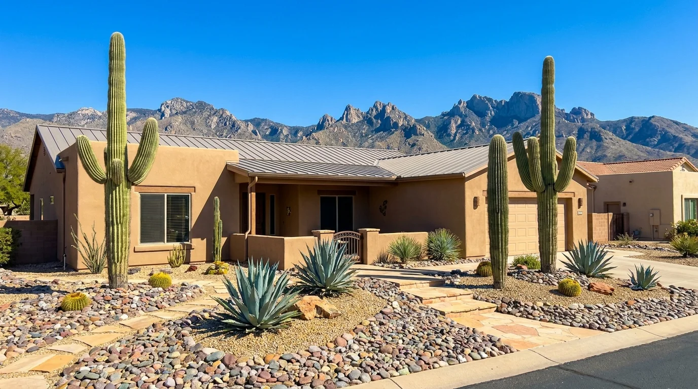 A desert home with cacti and mountains in the background under a clear blue sky in Green Valley, Arizona.