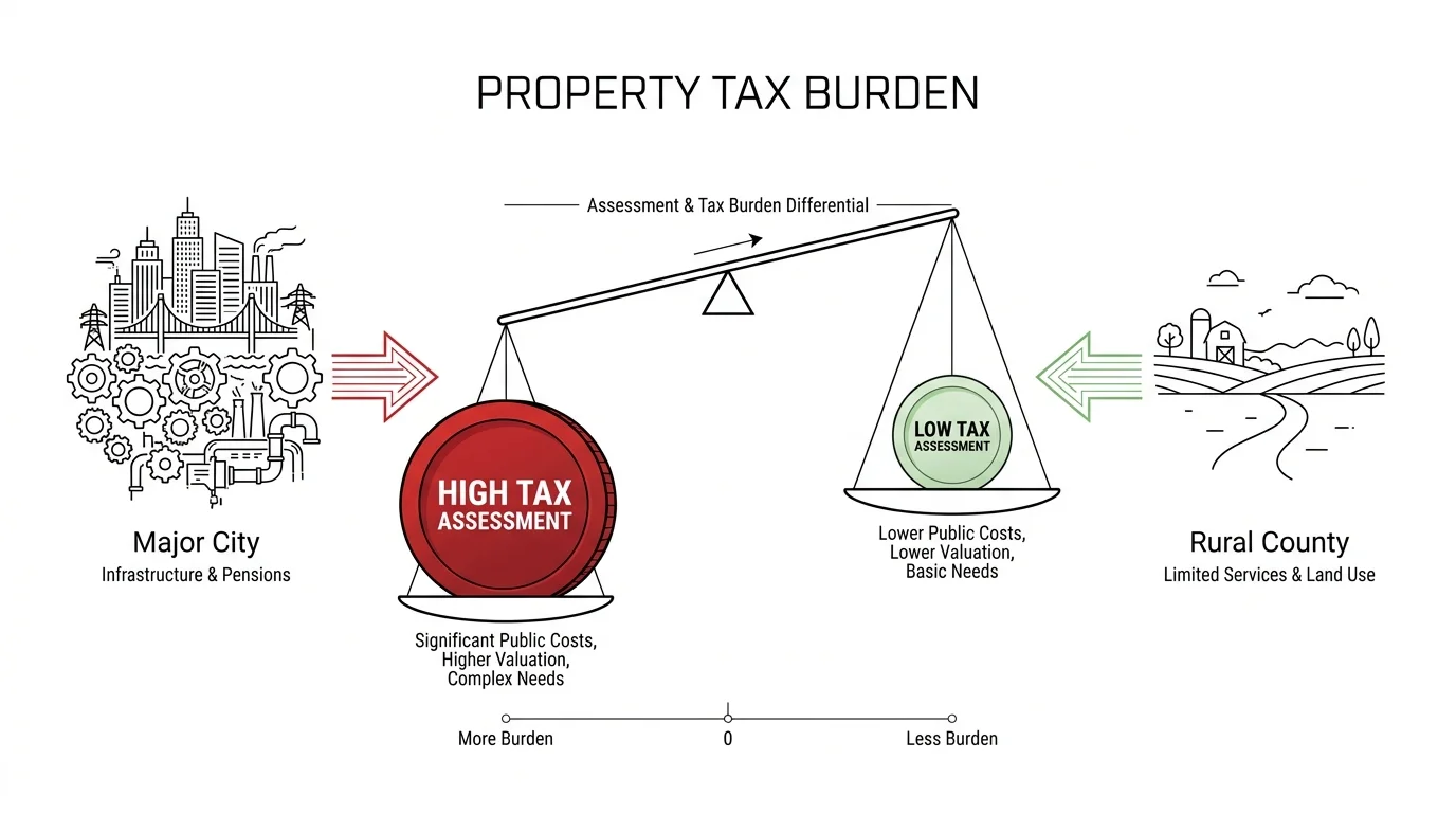 A diagram comparing the heavy property tax burden of cities with the leaner, lower taxes of rural counties.