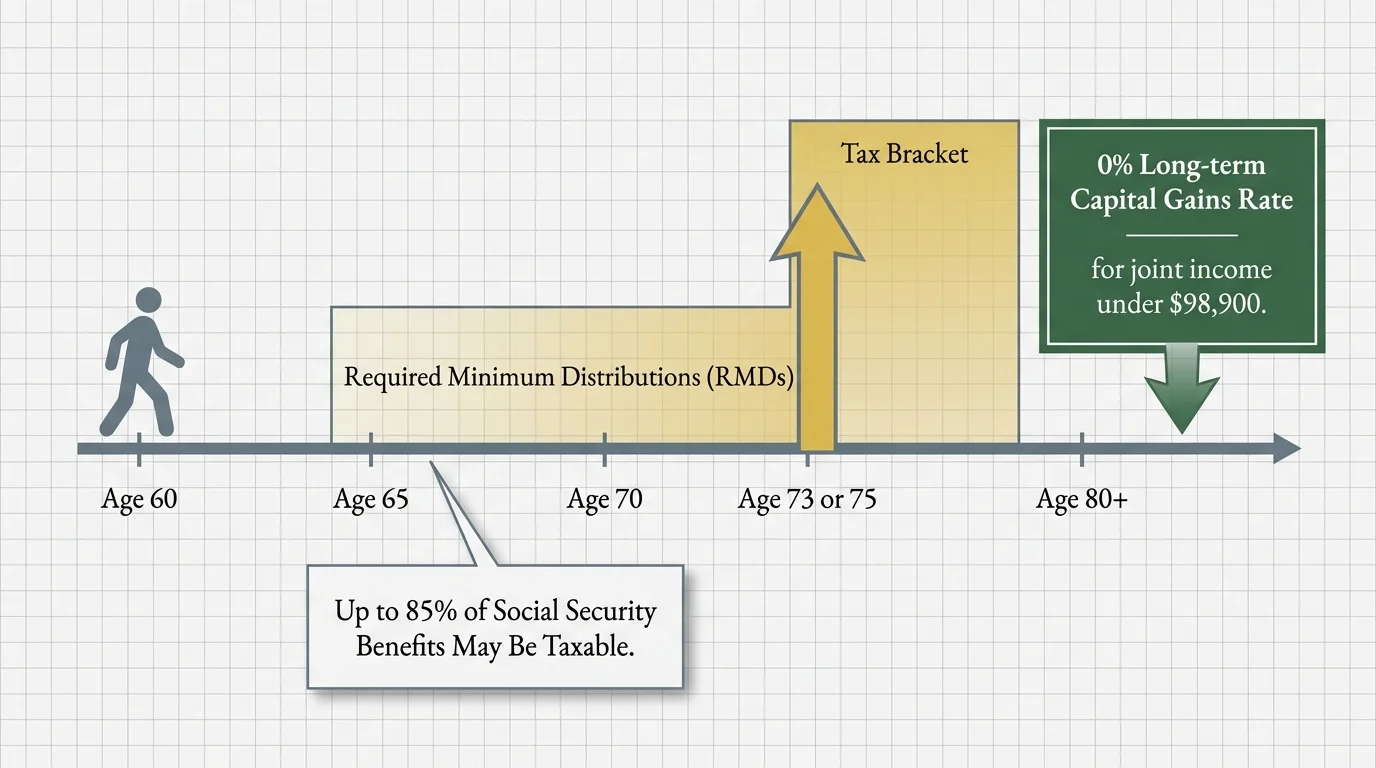 A diagram showing how taxes impact retirement through RMDs at age 73 or 75 and potential Social Security taxation.