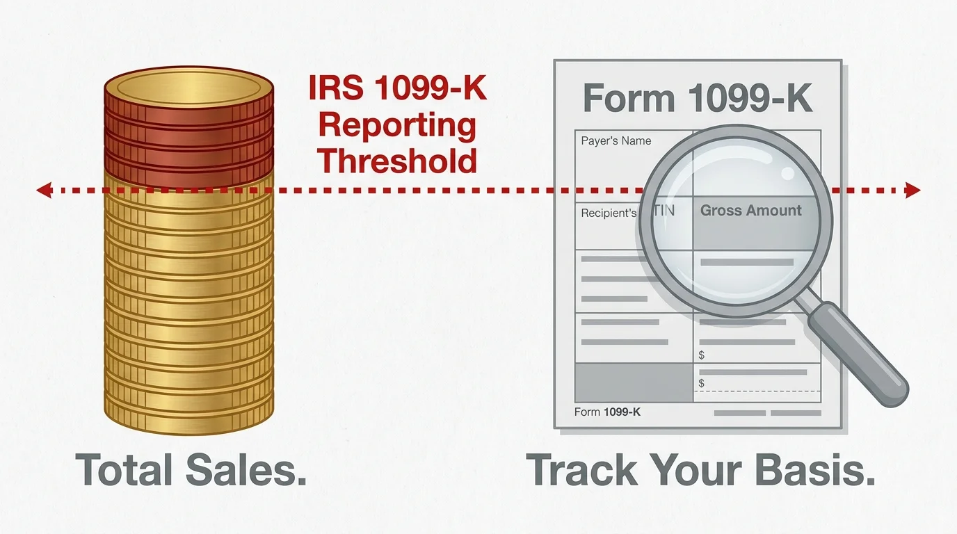 A diagram showing the IRS 1099-K reporting threshold and the importance of tracking the original cost basis of items sold.