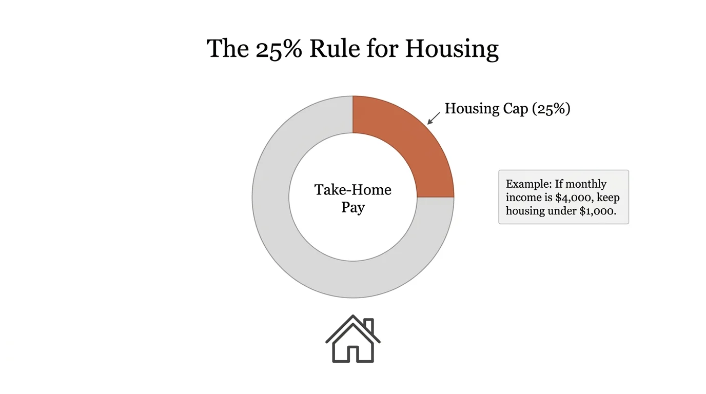A donut chart showing the 25% rule for housing costs relative to total take-home pay.