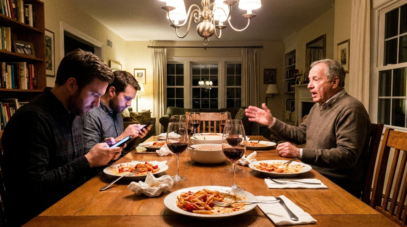 A family dinner where adult children are distracted by their phones while a parent tries to start a serious conversation.