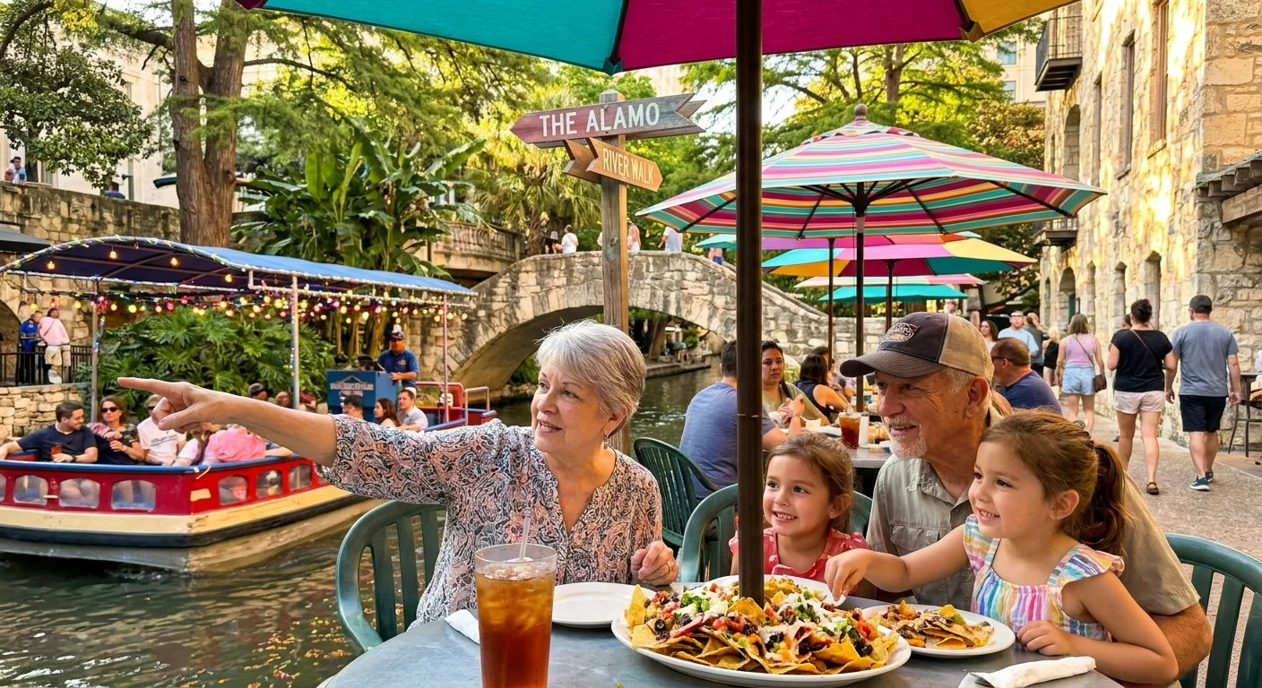 A family enjoying a meal on the San Antonio River Walk near a colorful tour boat.