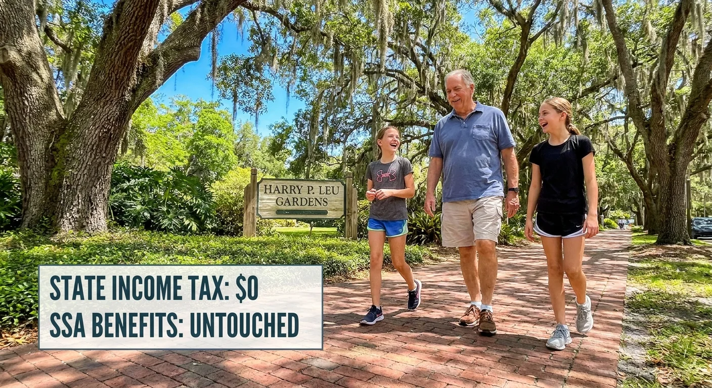 A family walking through a tree-lined park in Orlando, with a text overlay about Florida's zero state income tax.