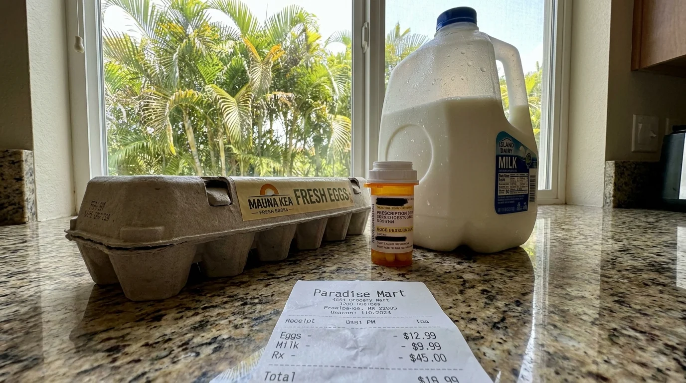 A few basic grocery items and a bottle of medicine on a counter, symbolizing the high cost of living in Hawaii.