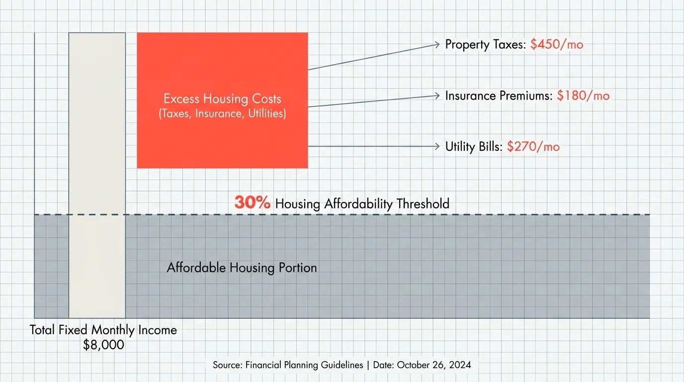 A financial diagram showing housing costs exceeding a 30 percent threshold of fixed monthly income.