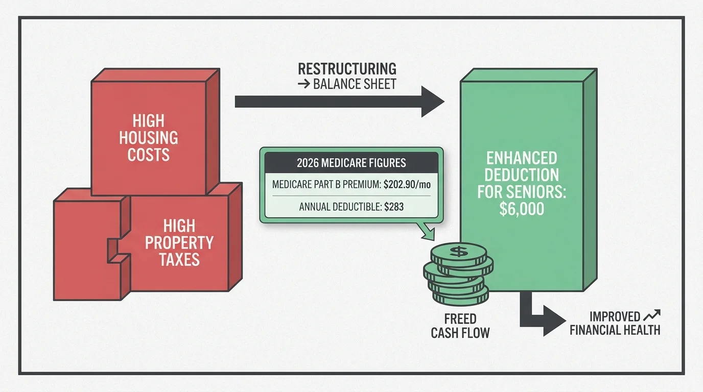 A financial diagram showing how a $6,000 tax deduction and lower housing costs offset Medicare Part B premiums.