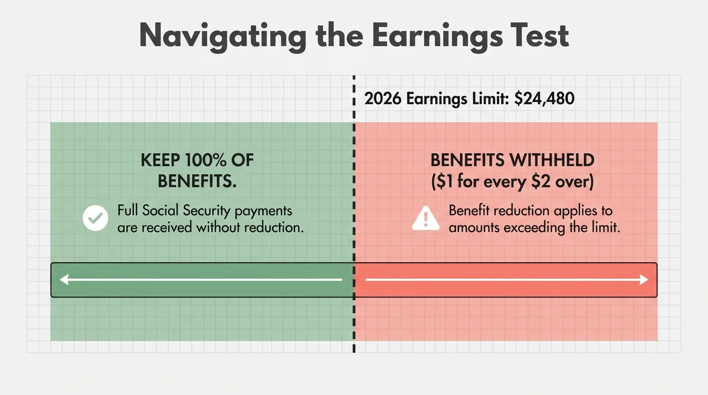 A financial diagram showing the 2026 Social Security earnings limit of $24,480 and how benefits are withheld above that amount.