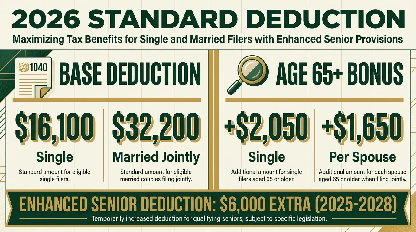 A financial graphic listing the 2026 tax deductions including the $16,100 single base and the $6,000 enhanced senior deduction.