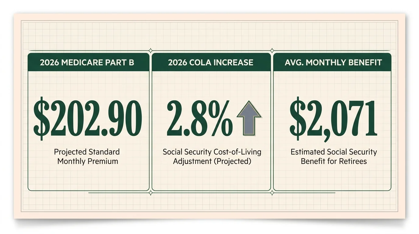 A financial infographic showing the 2026 Medicare premium of $202.90, the 2.8% COLA, and the $2,071 average benefit.