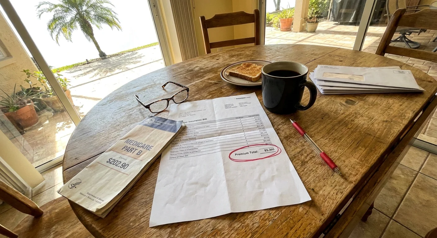 A first-person view of a home insurance bill for $3,300 on a kitchen table next to a Medicare pamphlet.