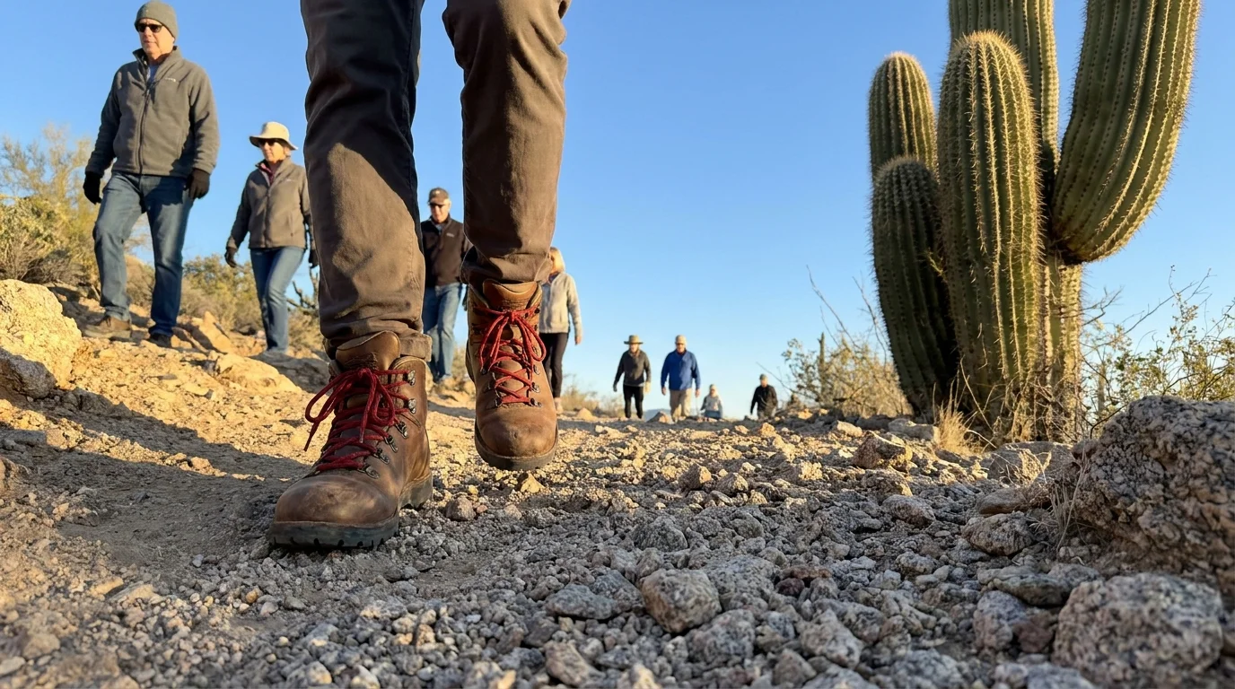 A first-person view of hiking boots on a desert trail with cacti and other hikers under a clear blue winter sky.