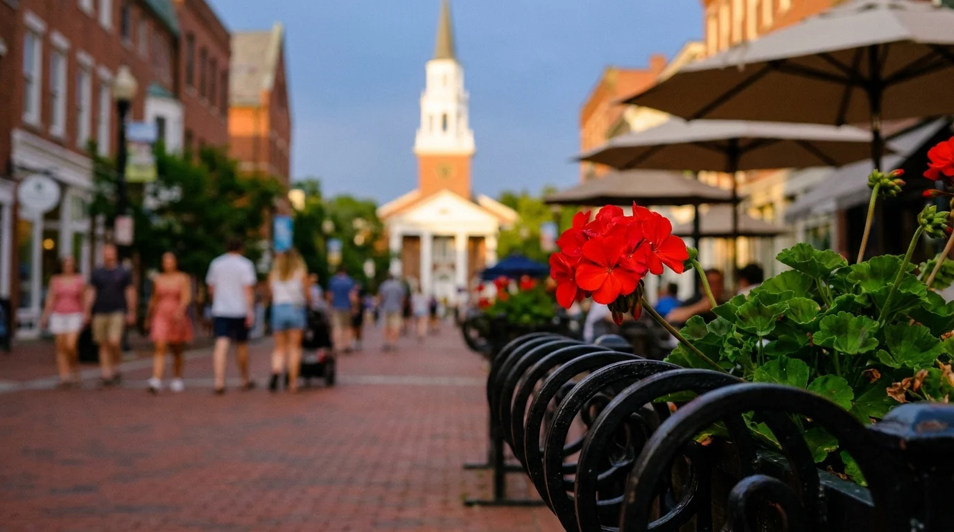A flower-lined pedestrian street in Burlington, Vermont, with a historic church steeple under a summer twilight sky.