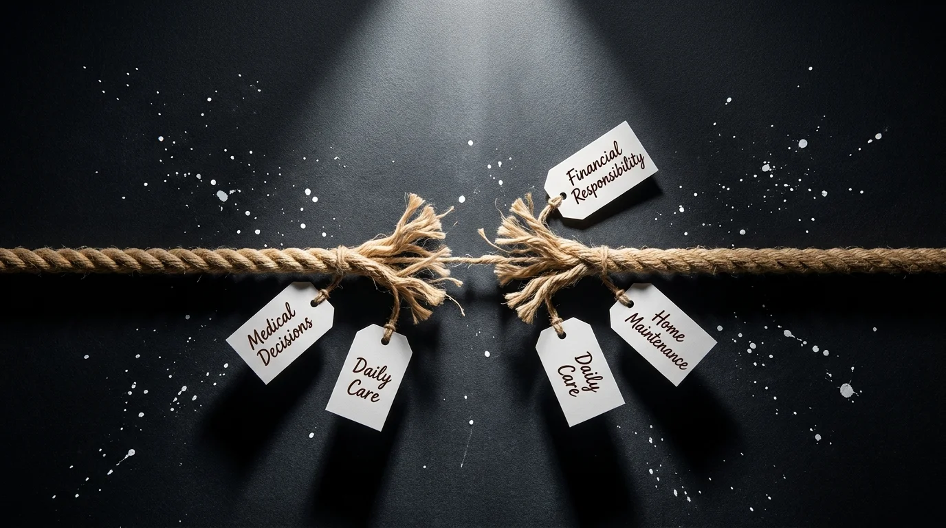 A fraying rope with labels like 'Medical Decisions' and 'Daily Care,' representing the tension of sibling caregiving roles.