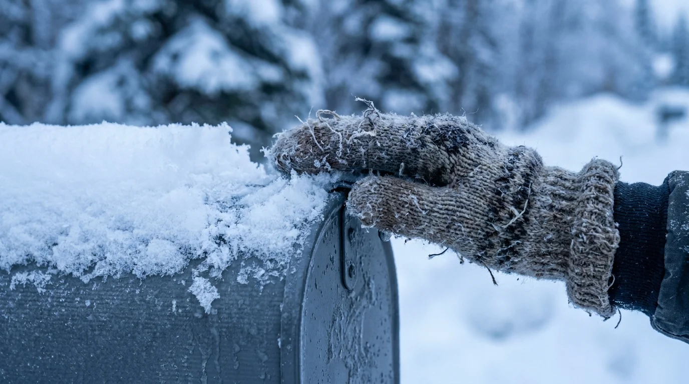 A gloved hand clears heavy snow from a mailbox, illustrating the physical challenges of Alaskan winters.