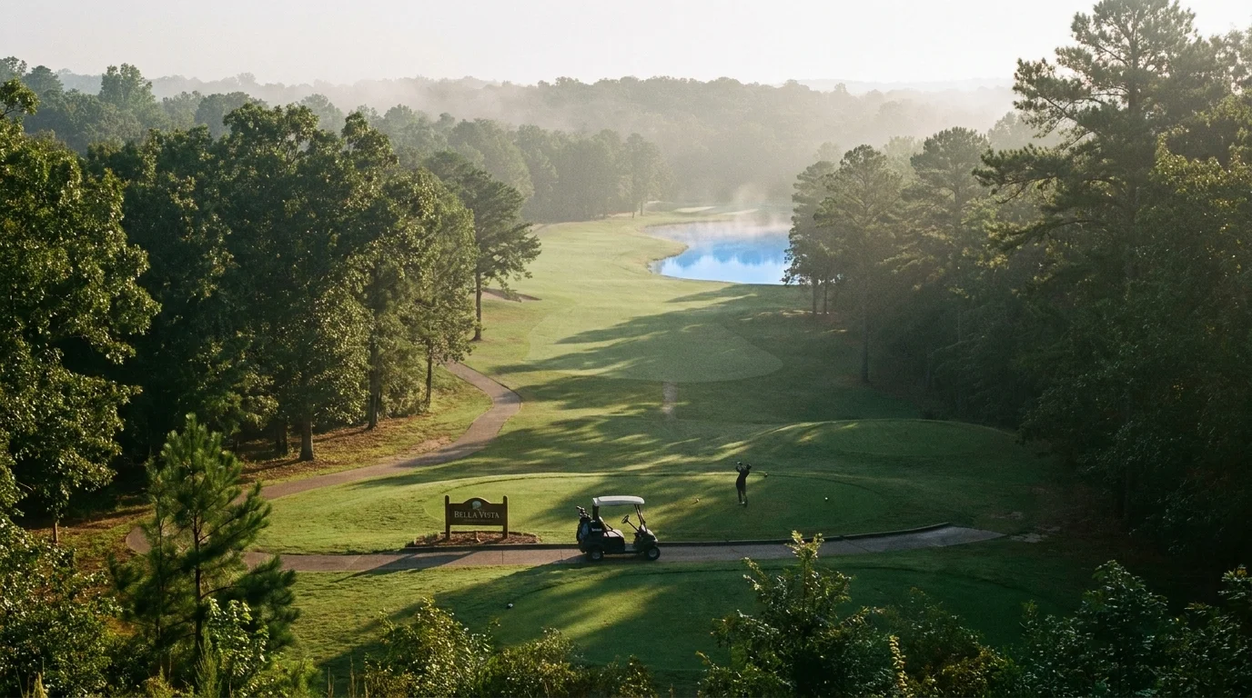 A golf course fairway cut through a dense forest in the Ozark Mountains of Bella Vista, Arkansas.