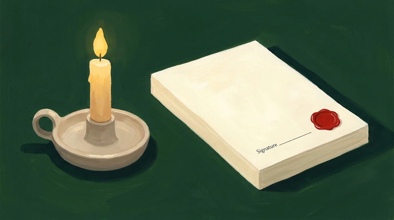 A gouache painting of a glowing candle and a signed document with a wax seal, representing end-of-life medical directives.