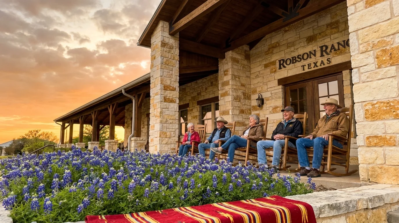 A grand stone clubhouse with people on the porch and wildflowers in the foreground in Texas.