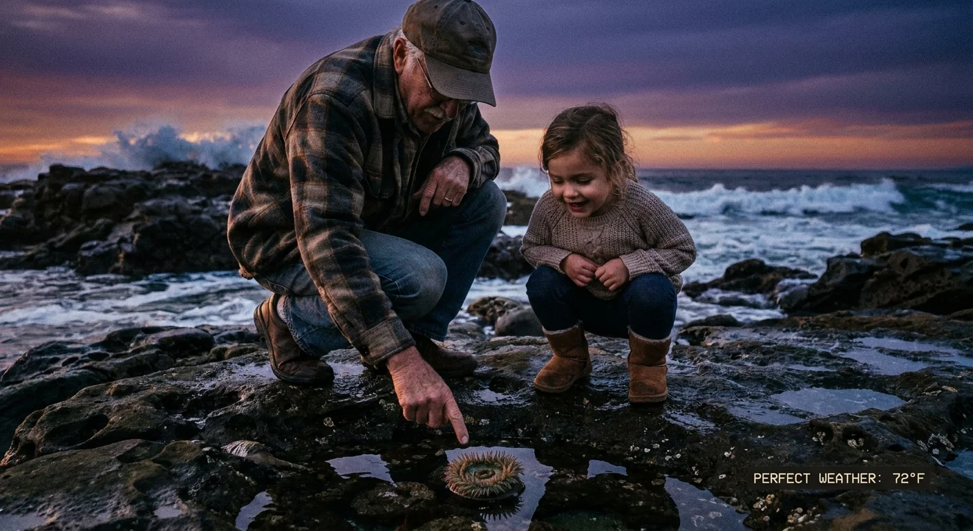 A grandfather and granddaughter exploring tide pools in San Diego during a purple-hued sunset.