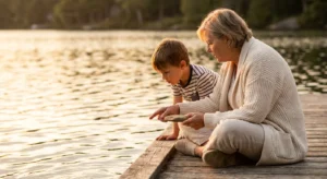 A grandmother and grandson sitting on a wooden dock at sunset, skipped stones creating ripples in the water.