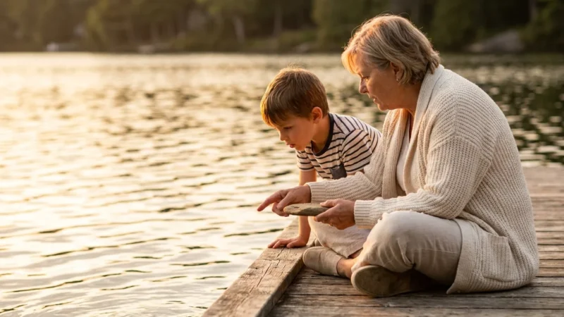 A grandmother and grandson sitting on a wooden dock at sunset, skipped stones creating ripples in the water.