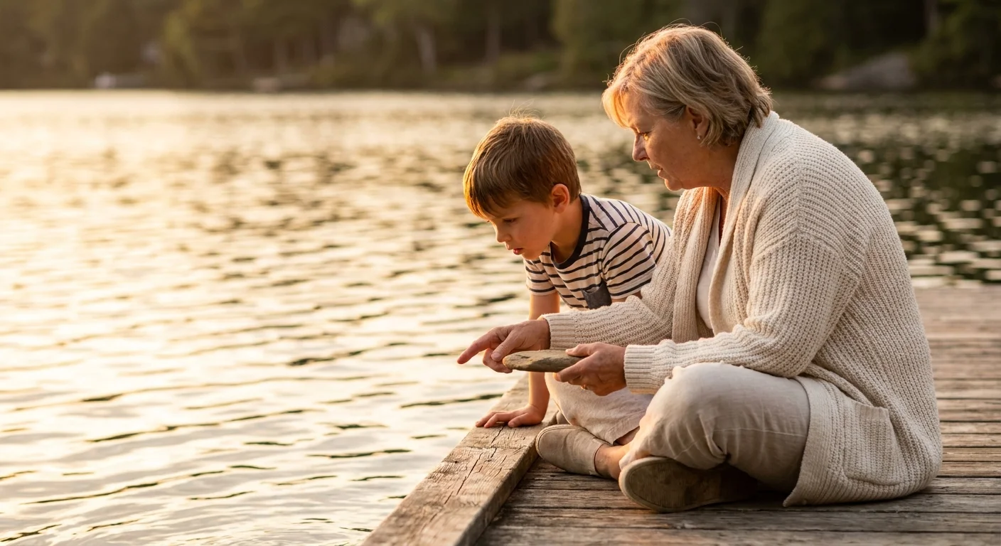 A grandmother and grandson sitting on a wooden dock at sunset, skipped stones creating ripples in the water.