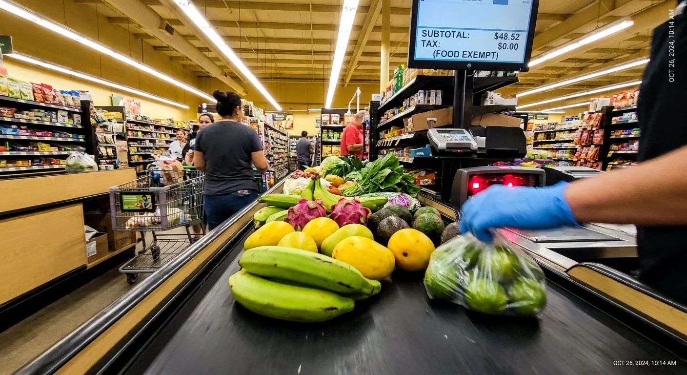 A grocery checkout in Harlingen, Texas, with a focus on fresh produce and low totals.