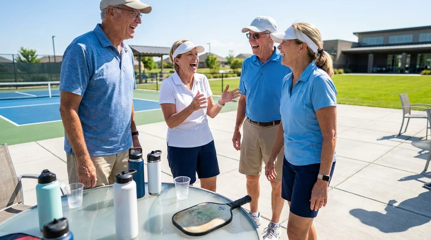 A group of active retirees laughing together on a patio near a pickleball court at an adult community.