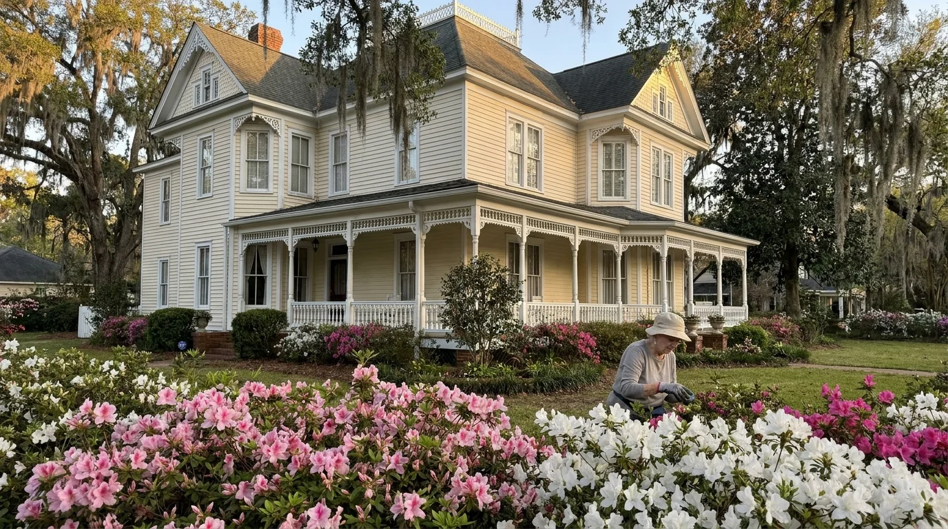 A historic Victorian house in Thomasville, Georgia, with blooming azaleas in the front yard.