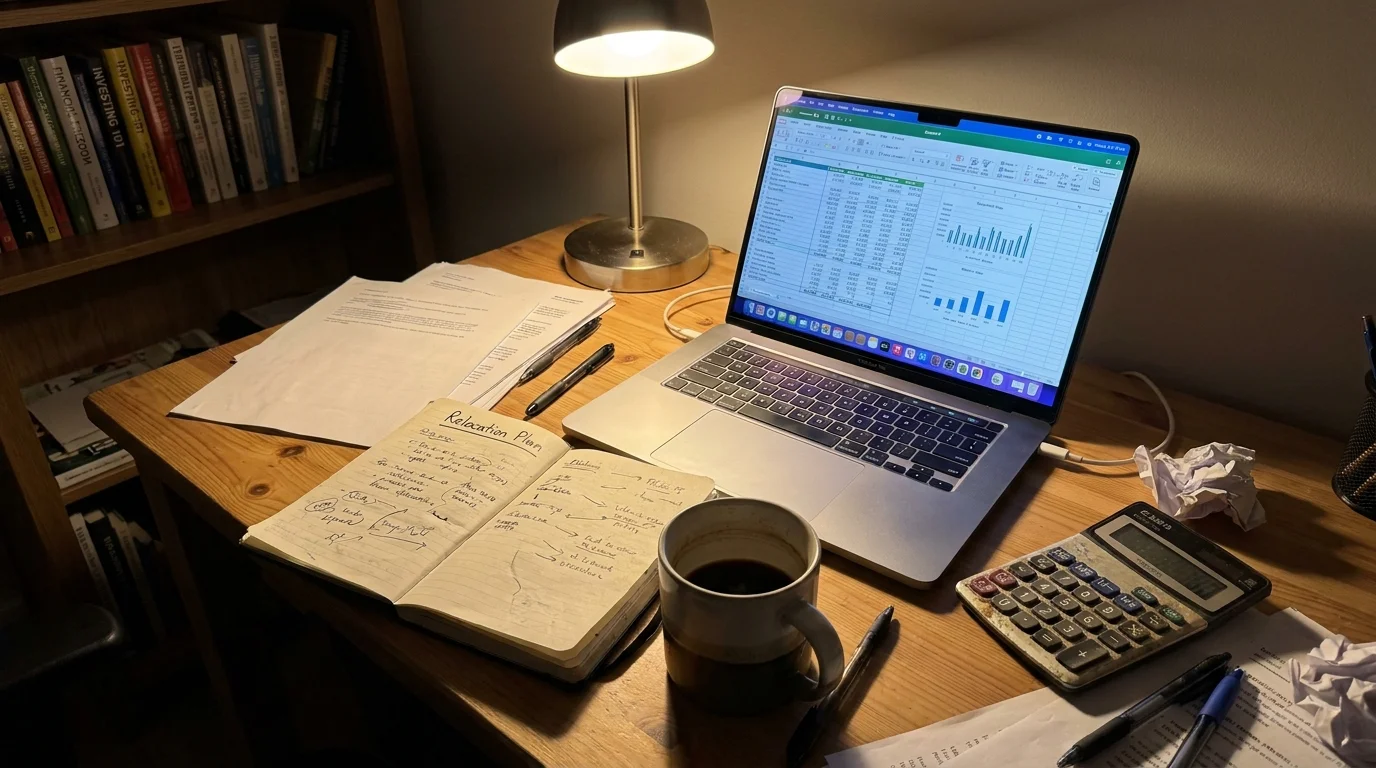 A home office desk with a laptop, calculator, and relocation plan, lit by a desk lamp.