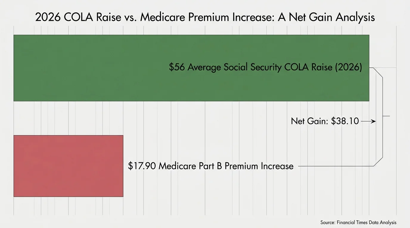 A horizontal bar chart comparing a $56 Social Security raise against a $17.90 Medicare premium increase.