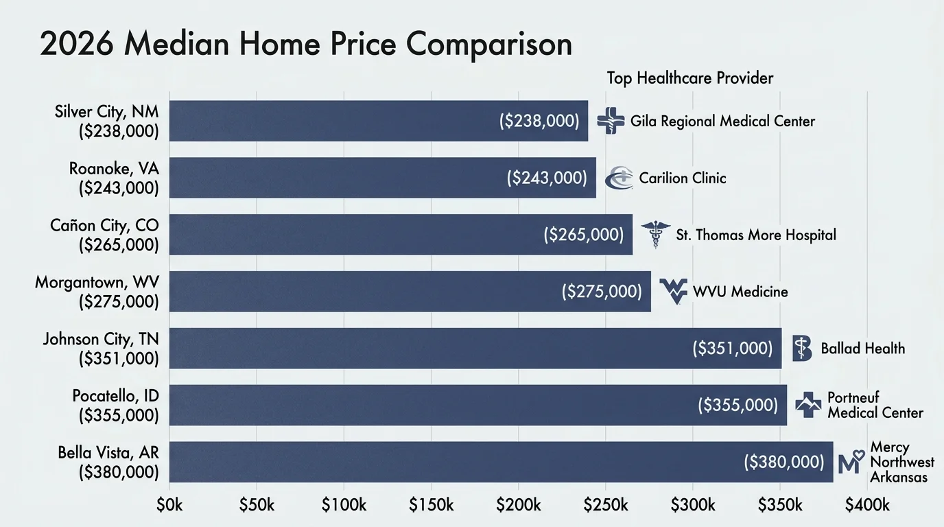 A horizontal bar chart comparing the median home prices of the seven mountain towns, ranging from $238,000 to $380,000.