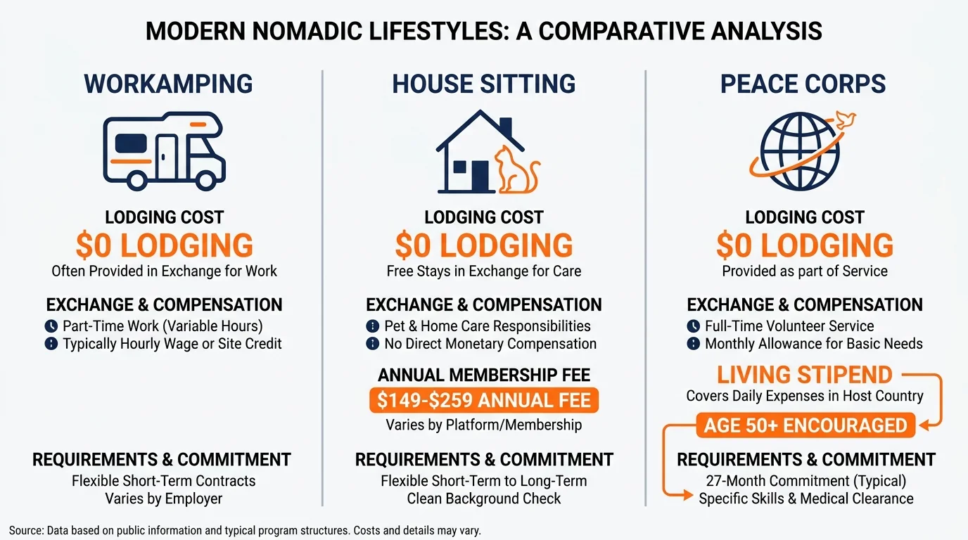 A horizontal comparison chart showing the different costs and perks of workamping, house sitting, and the Peace Corps.