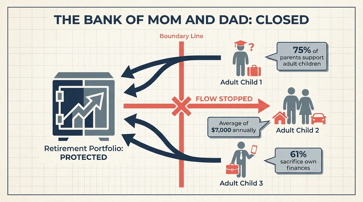 A horizontal diagram showing a 'Retirement Portfolio' protected by a boundary line from the 'Bank of Mom and Dad' expenses.