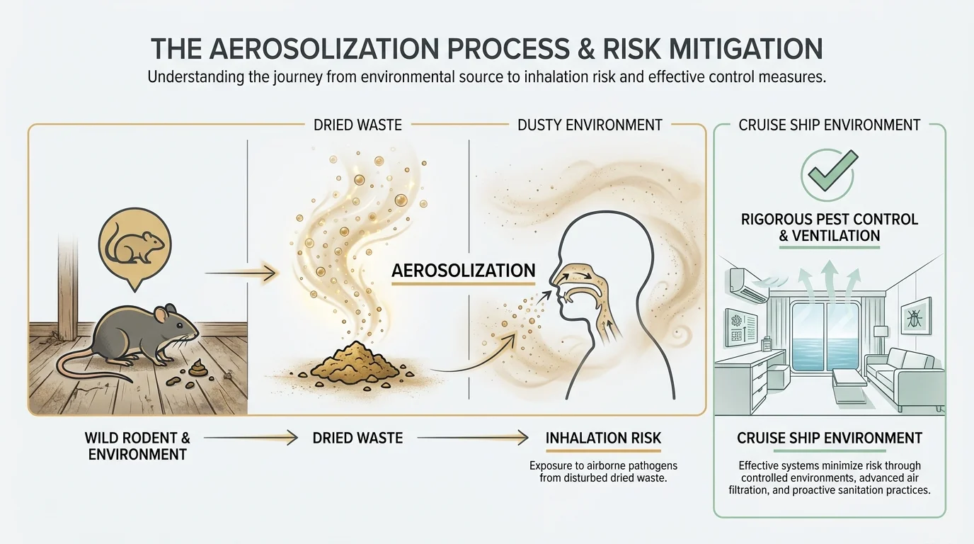 A horizontal diagram showing how hantavirus spreads from rodent waste to aerosolized particles to human inhalation.